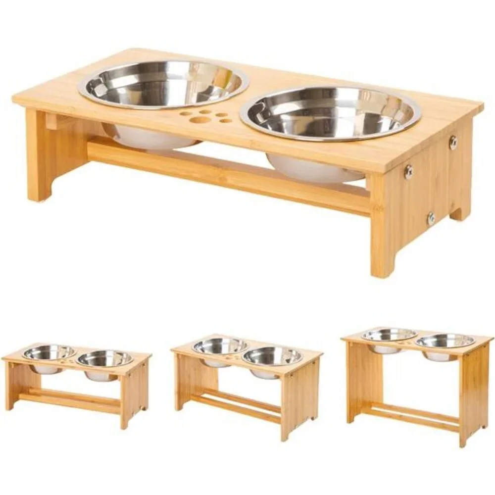 Raised Pet Bowls for Cats and Small Dogs, Bamboo Elevated Dog Cat Food Bowls